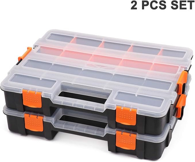 CASOMAN Tool Box Organizer Interlocking Black Small Parts Organizer for Fasteners and Crafts w/Removable Dividers (2 Piece Pack)
