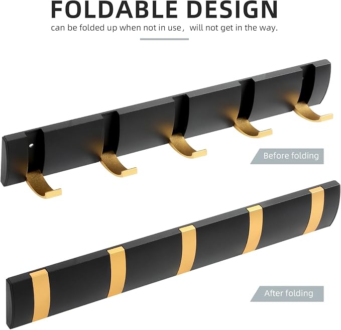 Foldable Stylish Modern Hook Rack with 5 Hooks, Coat Hooks Wall Mount, Metal Coat Hook Rail for Coat Hat Towel Purse Robes Mudroom Bathroom Entryway (Black and Gold)