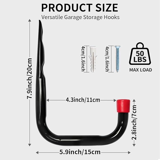 Heavy Duty Garage Storage Hooks, Wall Mount Storage Utility Hangers for Ladders, Bike and Garden Tools (7.9Inch x 5.9Inch)