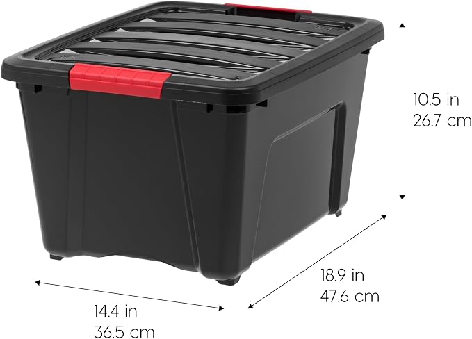 IRIS USA 4-Pack 32 Quart Storage Bins with Lids, Black | Black finish conceals stored items. Great for linens, décor, closet storage, and supplies. Nestable design saves space