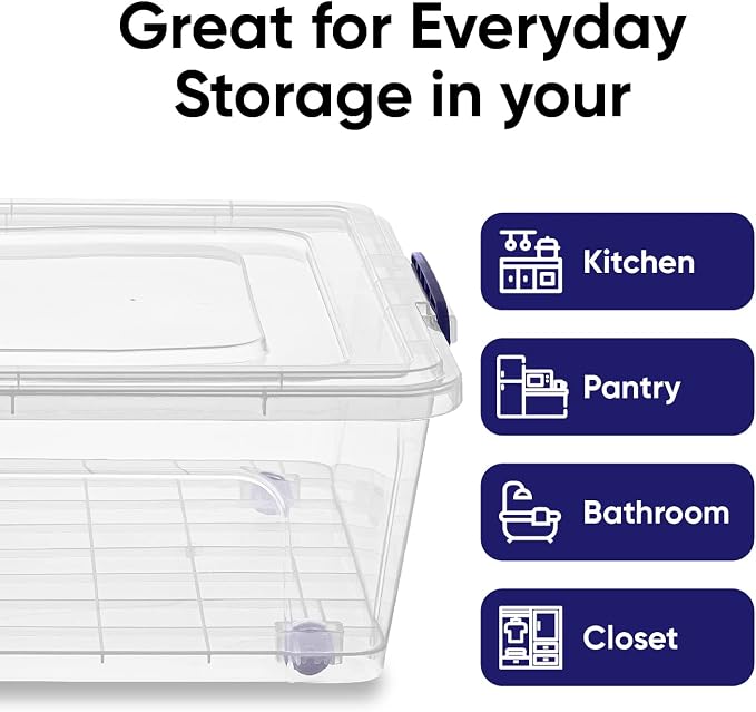 Superio Under Bed Storage Containers with Wheels (2 Pack), Flat Clear Storage Bin Stackable Large Storage Latch Box with Lids Store Cloths, Bedding, Linen, For Under The Bed, Garage, Home