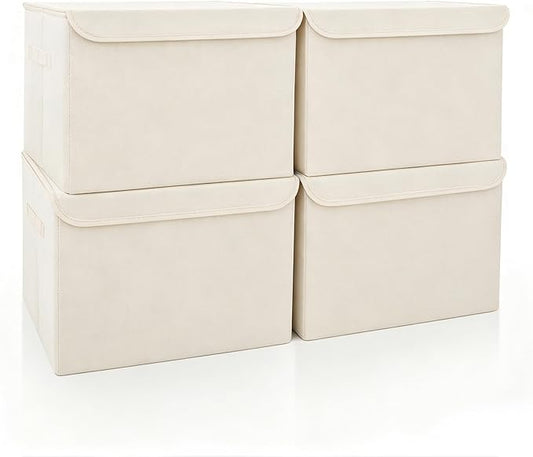 Bagnizer Large 22 Quart [4-Pack] Linen Fabric Foldable Storage Bin Cube Organizer Basket with Flip-Top Lid & Handles, Clothes Blanket Box for Home, Office, Closet (14.6 x 9.5 x 9.5, Beige)