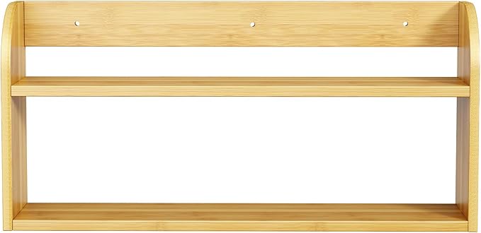 ROMGUAR CRAFT 2 Tier Long Bamboo Spice Rack, Countertop or Wall Mounting Wood Spice Jars Organizer Shelf for Kitche, Pantry (Natural)