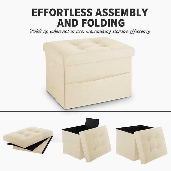 LINMAGCO Storage Ottoman Folding Foot Stool Foot Rest with Side Pocket Modern Ottoman with Storage Short Sofa Stool Linen Cloth 17x13x13(Beige)