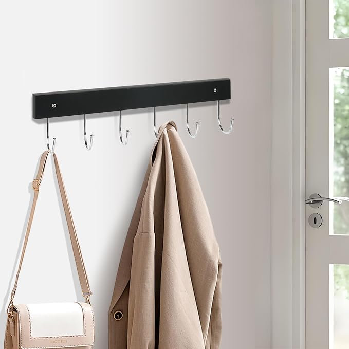 2-Pack Coat Rack Wall Mount, 14.6" Wooden Wall Hooks, 12 Rotating Hooks | Wooden coat rack; for coats, purses, hats, jackets, towels; space-saving entryway, hall & apartment storage, Black