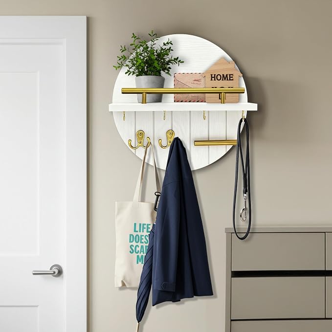 Round Wooden Key Holder Wall Mount with Shelf & 8 Key Hooks for Entryway | White Wood Key Holder, Top Shelf with Metal Guard Rail, Boho & Modern Farmhouse Entryway Decor for Home Apartment