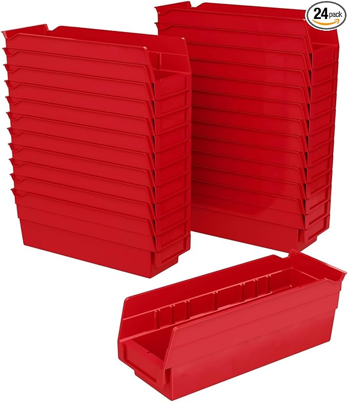 Akro-Mils 30120 Heavy Duty Plastic Shelf Bins, 12"x 4"x 4", Red, 24-Pack