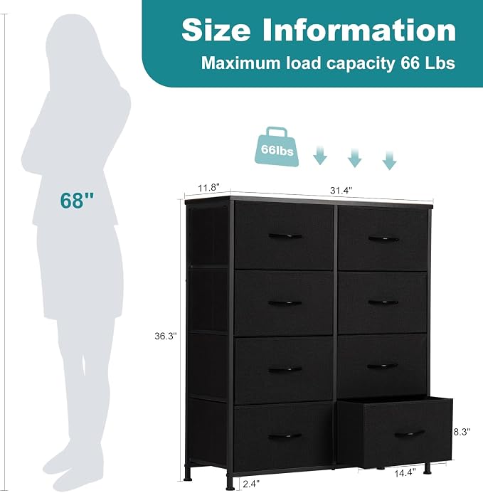 OLIXIS 8 Drawer Storage Dresser for Bedroom, Black Closet Organizers Units | Fabric Dresser with Wooden Top, Chest of Drawers Clothes Storage, Tower Cabinet for Living Room, TV Stand Furniture