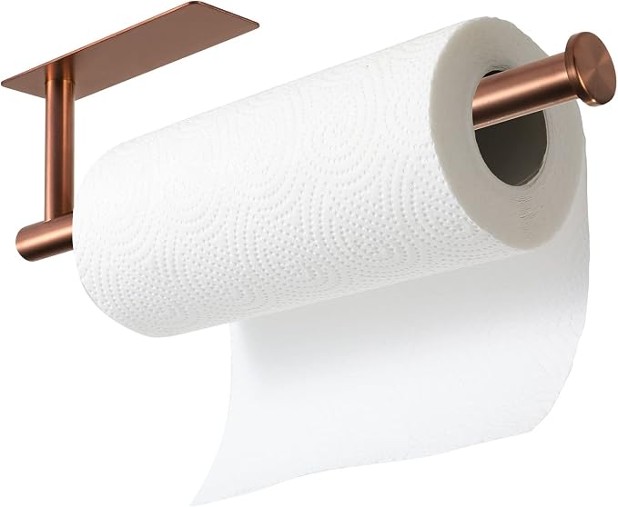 theaoo Under Cabinet Paper Towel Holder for Kitchen,Self-Adhesive,Rose Gold | Wall Mounted Paper Towel Roll Rack for Bathroom or Kitchen, SUS304 Stainless Steel, Install with Adhesive or Screws