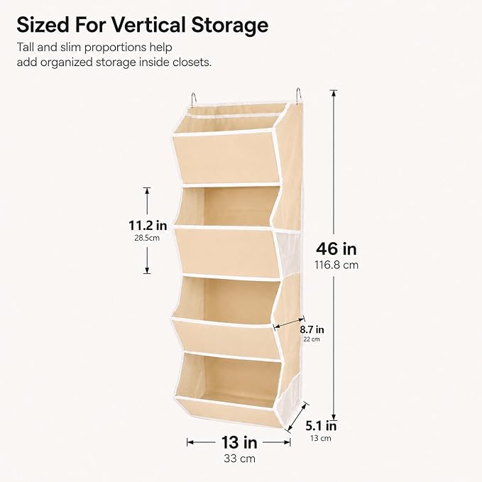 4-Shelf Hanging Closet Organizer and Storage, Fabric Storage Bins Bedroom Organization with Mesh Pockets, Collapsible Hanging Shelves Wardrobe Organization for Home, Dorm, Rv (Beige)