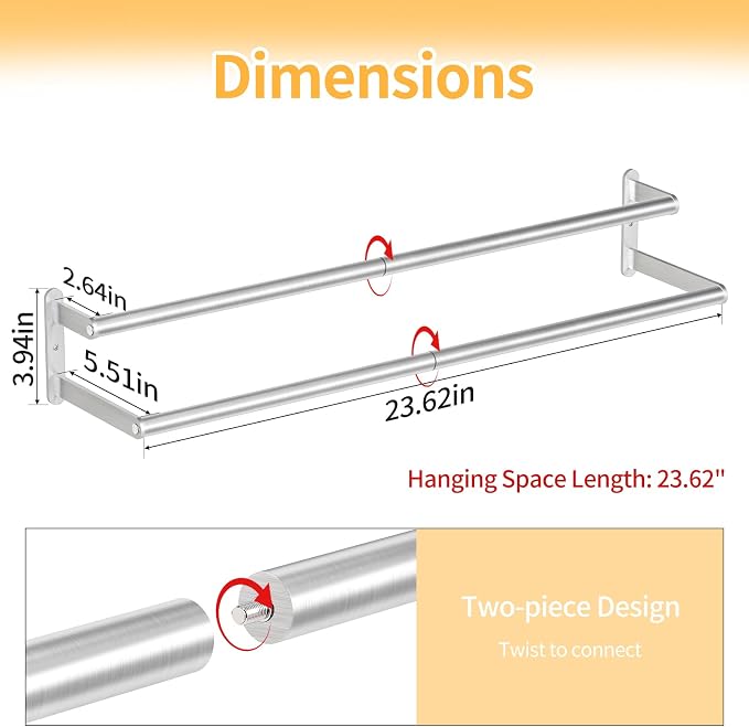 KLJKPA Double Towel Bar, Towel Holder for Bathroom, Brushed Nickel | Towel Rack for Bathroom Wall Mounted, Stainless Steel Double Bath Towel Bar
