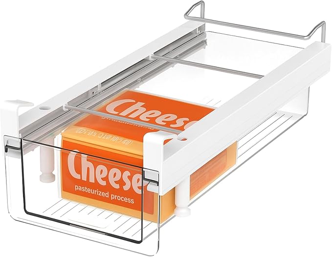 Fridge Organizer Drawer, Clear Plastic Fridge Organizer Bins, Add on Refrigerator Drawer,Fridge Storage Container Under Shelf Holder for Fruit, Vegetable, Meat, Cheese, Easy to Install-M