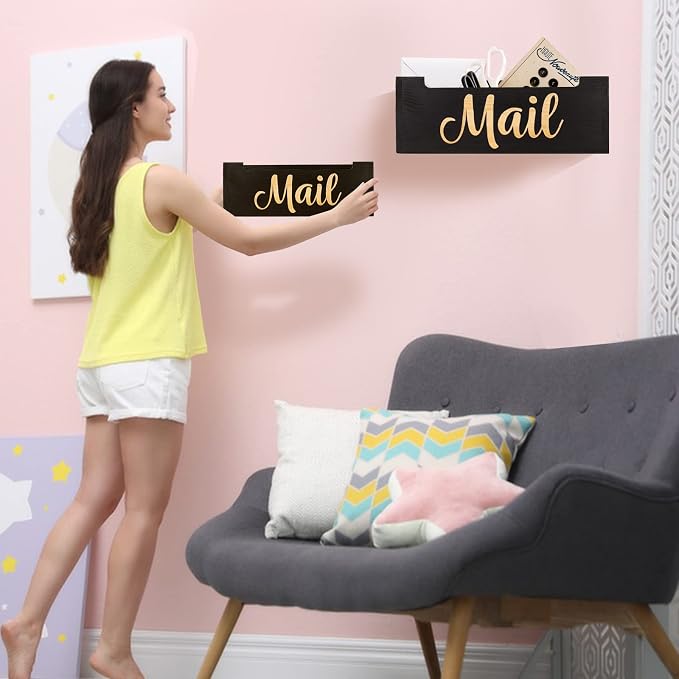 Wooden Mail Organizer Countertop | Farmhouse Black Mail Holder for Wall | Rustic Desk Mail Sorter Basket Letter Holder for Home Office Entryway Decor