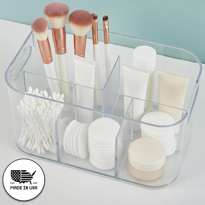 STORi Bliss 5-Compartment Plastic Cosmetics Storage Organizer | Clear | Rectangular Divided Makeup Bin & Vanity Caddy with Pass-Through Handles | Round Corner Design | Made in USA