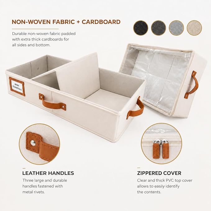 2pc Under Bed Storage Containers, Bedroom Under the Bed Drawer Storage Organizer with Bins and Lids, Large Underbed Clothes Storage Box Ideal for Blanket, Fabric, & Shoes (Ivory)