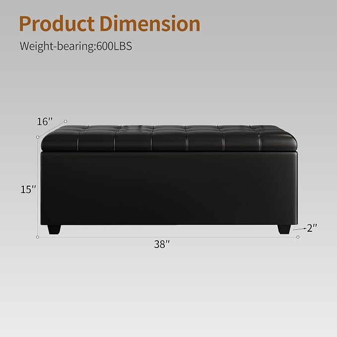 38" Black Faux Leather Storage Ottoman Footrest | Solid wood frame bench, 4-leg easy assembly. Use as end-of-bed, footrest, entryway seat. Hinged hidden storage, multi-use.