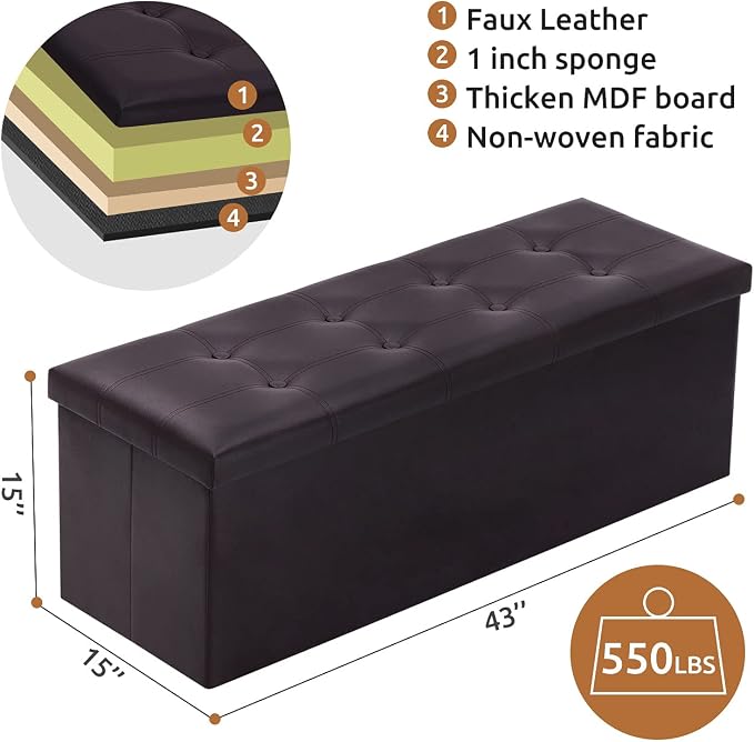 YOUDENOVA 43" Ottoman with Storage, Folding Faux Leather Bench, Brown | Foldable ottoman with hidden storage, padded faux leather seat and sturdy MDF frame for everyday use.