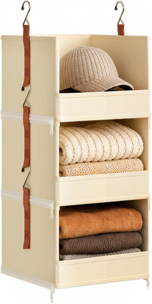 DIMJ Hanging Closet Organizer - 3-Tier Modular Hanging Shelves with Zippers Hooks, Collapsible Baskets for RV, Dorm, Small Spaces, Fabric Storage Bins for Clothes, Handbags