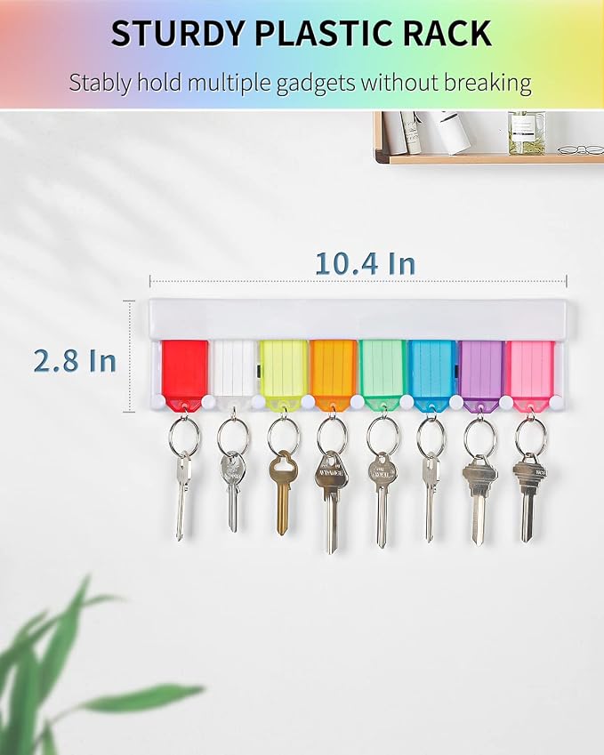 Uniclife 2 Style Key Tag Rack, Slot & Hook Style Wall Mount Key Holder | Plastic Slot-Style Wall Rack Keeps Labeled Keys Organized with Transparent Tough Key Tag Identifiers in 8 Assorted Colors.