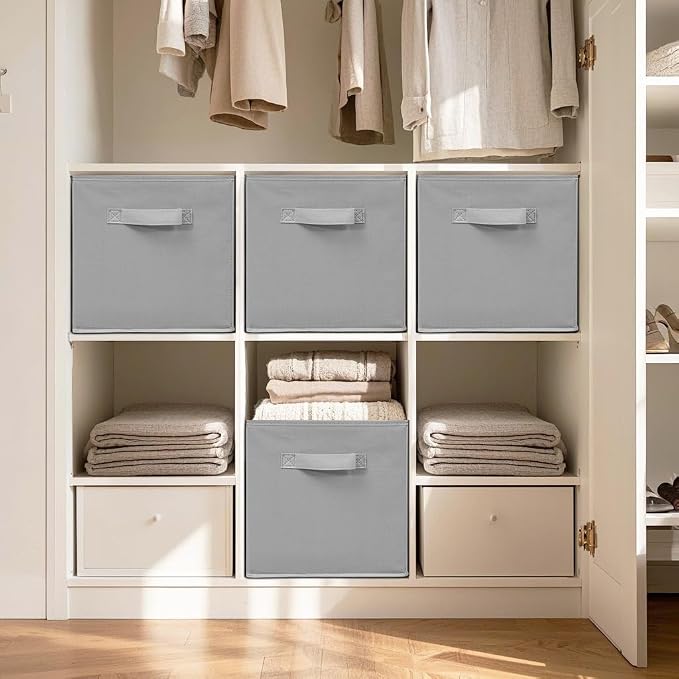 11x11 Inch Storage Bins Cubes, Fabric Foldable Storage Box, Collapsible Closet Organizer for Clothes, Blankets, Office, Bedroom, Living Room, Shelf Cabinet, Bookcase, Gray, 7 Pack