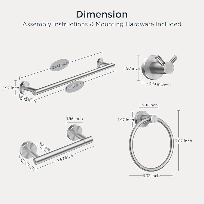 FORIOUS Bathroom Accessories, 4-Piece Bathroom Hardware Set - 18" Towel Bar | Brushed Nickel | Towel Hooks, Towel Racks for Bathroom, Toilet Paper Holder Wall Mounted, Towel Ring | SUS304 Stainless Steel