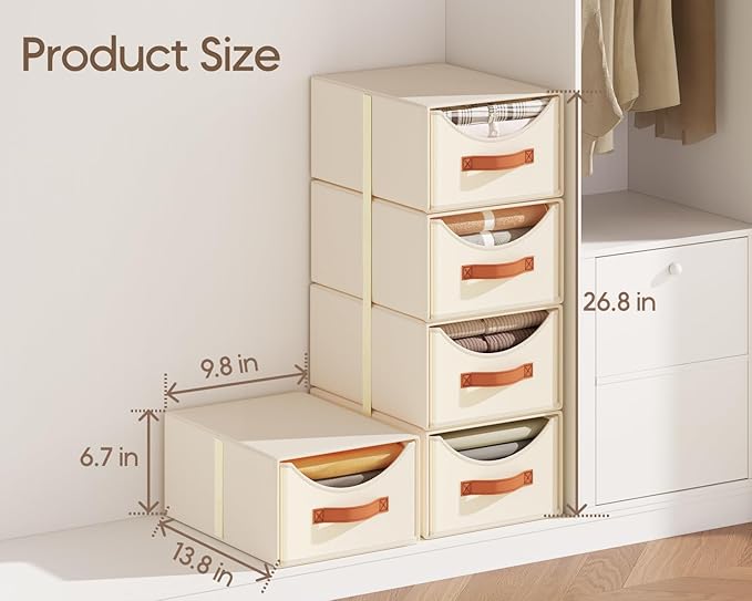 Homsorout Stackable Storage Drawers - Collapsible Storage Bins with Drawers, 4 Pack Closet Shelf Organizer Basket, Fabric Pull Out Organizer for Bedroom, Living Room, Dorm, Beige