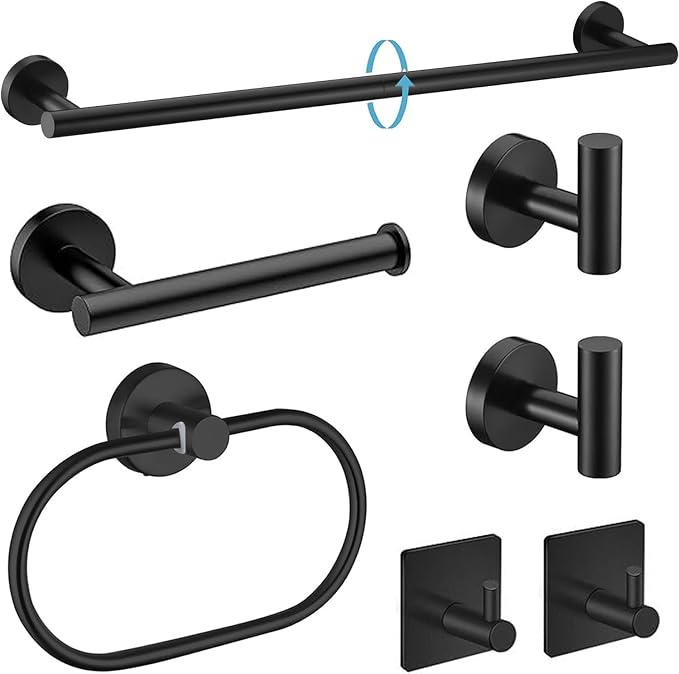 Black Bathroom Accessories Set, 7 Pieces Black Towel Bar Bathroom Hardware Set, 24 Inch Towel Racks for Bathroom, SUS304 Stainless Steel Bathroom Towel Holder Toilet Paper Holder Wall Mounted
