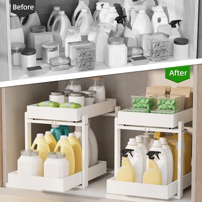 APRTAT 2 Pack Bamboo Under Sink Organizer, 2-Tier Pull Out Storage Drawers | Smooth pull-out drawers keep cleaners and tall bottles visible, organized and easy to reach in kitchen or bathroom cabinets