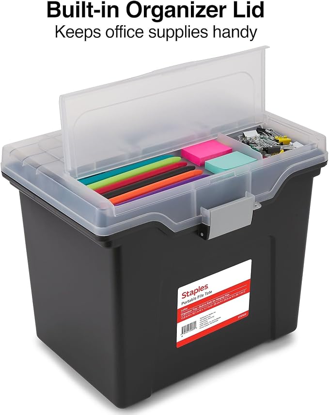 STAPLES File Box Portable Tote, Letter Size, Black, 4/Carton | Lightweight storage tote for transporting and organizing hanging files.