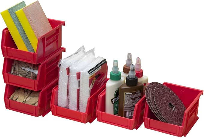 Akro-Mils 30210 AkroBins Plastic Storage Bins, Space-Saving Stackable Bins for Garage, Pantry, Craft Organization, 5" x 4" x 3", Red, (Pack of 24)