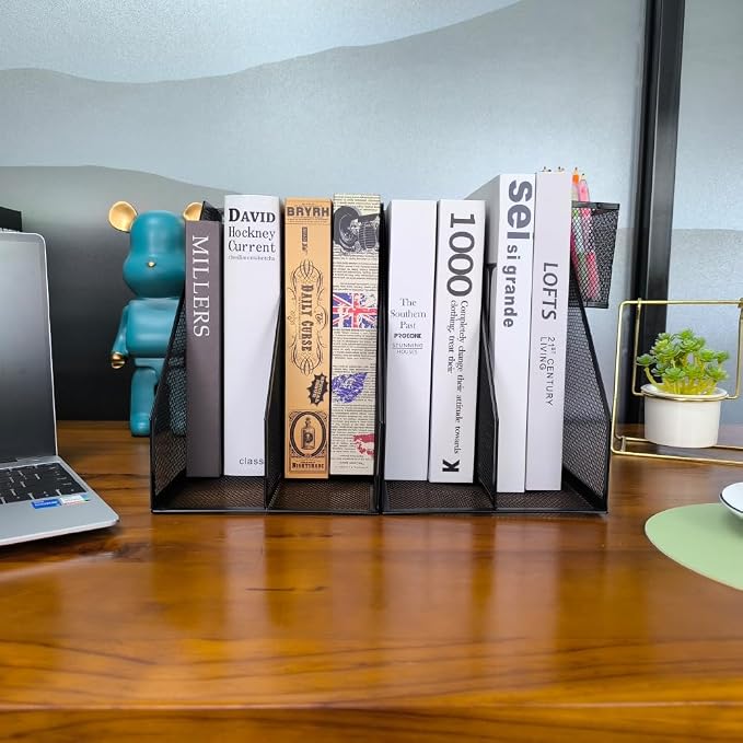 Mesh Desk Organizer Set, 2 Pack Set, with Pen Holder | Metal mesh desktop organizer set. 4-compartment file holder. Space-saving storage for office, home, school, Black