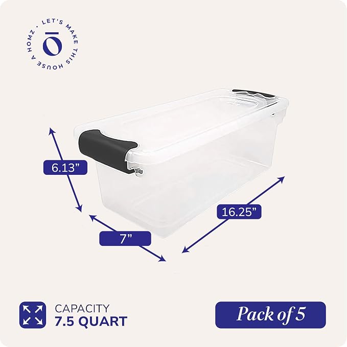 HOMZ Latching Clear Storage, 7.5 Quart, Gray, 5 Count