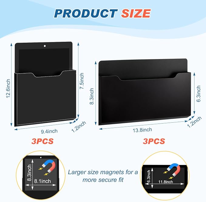 6 Pcs Magnetic Wall File Organizer Magnetic Wall File Holder Refrigerator Magazine Holder for Mail Letters Paper(Black,Horizontal & Vertical)