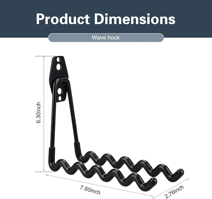 2 PCS Garage Storage Utility Hooks, Heavy Duty Metal Wall Mount Hooks, Wave Hook Garage Garden Tool Organizer, Fit for Cord, Badminton Rackets, Hoses, Bikes, Tools (Black)