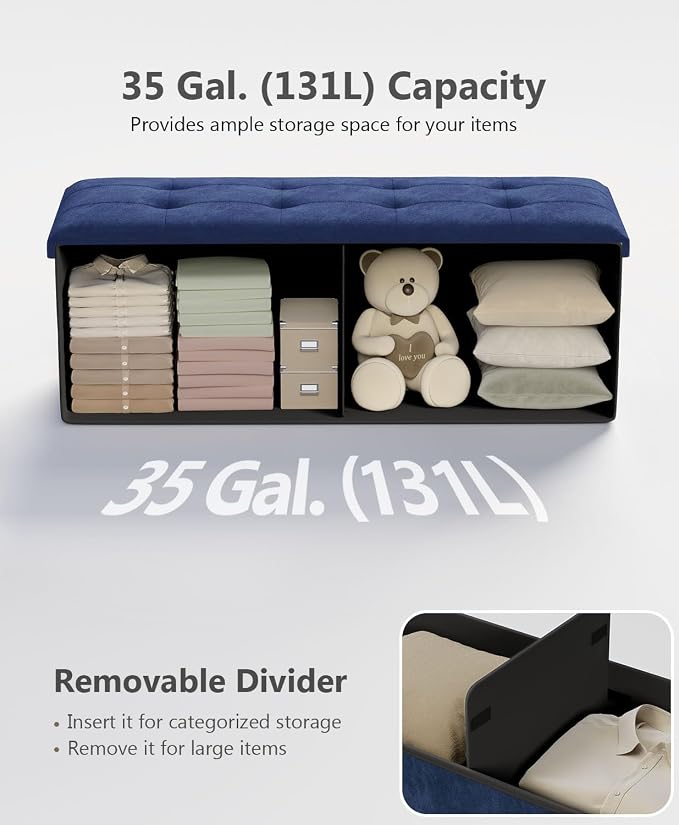 Folding Storage Ottoman Bench, Navy Blue, 43 Inches | Multi-Functional Ottoman Foot Rest, End of Bed Bench, Storage Chest, Living Room, Bedroom, Hallway, Entryway, 600 lb Capacity