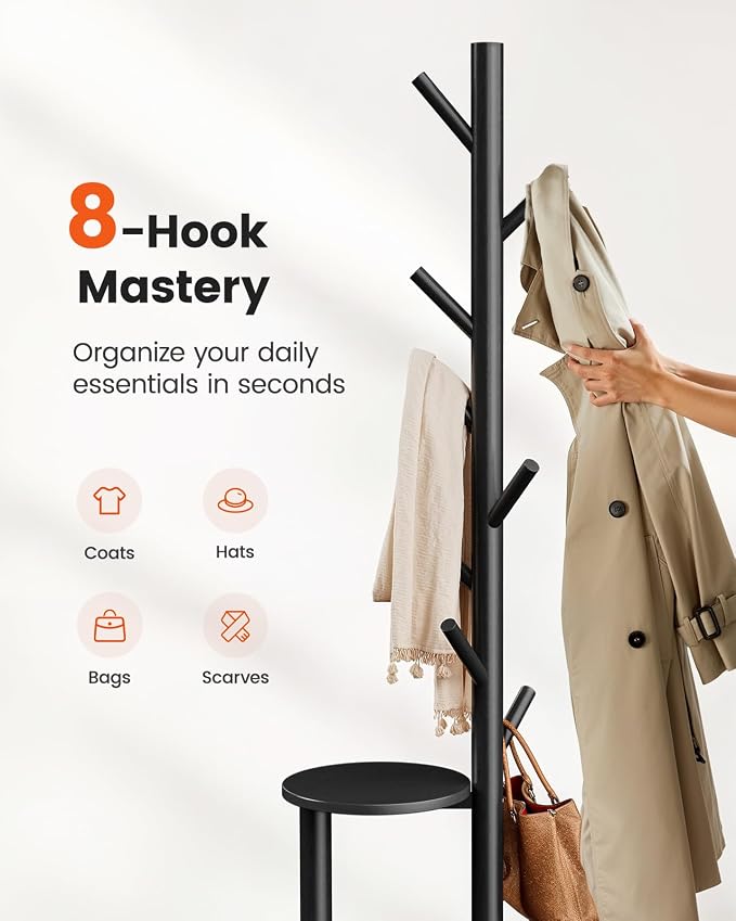 Pipishell Coat Rack, Freestanding Hall Tree with 8 Hooks & Storage Shelf, Solid Wood Base, 66.3″ Tall Coat Rack Stand for Coats, Hats, Bag in Entryway, Bedroom, Living Room, Black, PIFCR11B