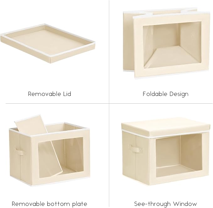 Homsorout Storage Bins with Lids - Small Fabric Organizers with Window, Collapsible Storage Bins for Clothes, Decorative Closet Organizers for Towels, Tshirt, 4 Pack, Beige