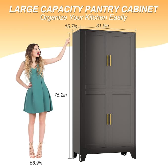 75" Tall Metal Kitchen Pantry Storage Cabinet, Freestanding Cupboard with 4 Doors and 4 Adjustable Shelves, Standing Storage for Kitchen, Bathroom, Garage, Dinning Room or Utility Room（Black）
