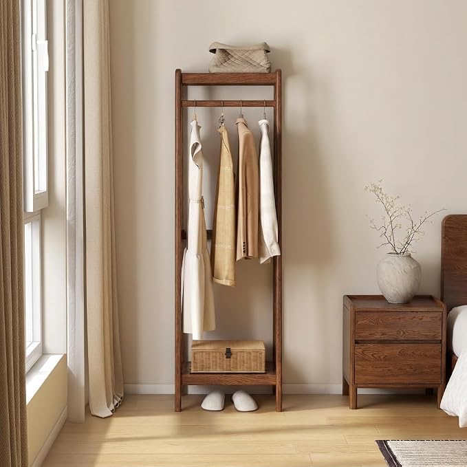 Solid Wood Clothes Rack, Clothing Rack with 2 Shelves Storage, Floor-Standing Coat Rack for Bedroom, Living Room, 16" x 20" x 63",Entryway,Walnut