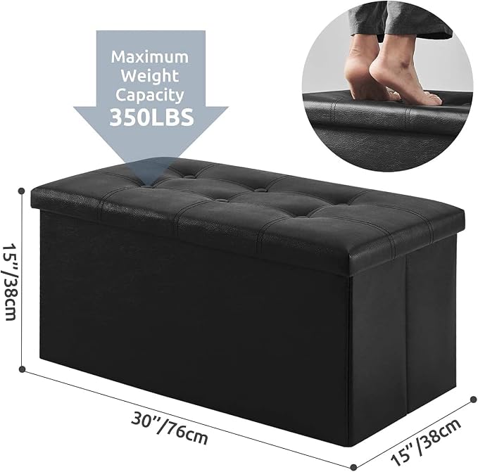 YOUDENOVA 30" Ottoman with Storage, Folding Faux Leather Bench, Black | Foldable ottoman with hidden storage, padded faux leather seat for living room, bedroom and entryway.