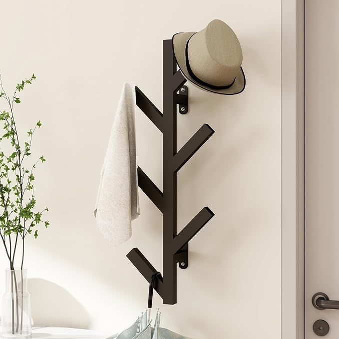 Vlush Wall Mounted Metal Coat Rack with 6 Hooks Modern Minimalist clothes rack, Upright Coat Rack for Hanging Clothes, Hats, Hanging Bags and Scarves Entrance Wall Iron Coat Racks (Black)