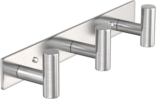 PMMASTO Stainless Steel Coat Rack Wall Mounted, Heavy Duty Metal Hook Rail for Hanging Coats Hats Towels Robes Bags, Modern Wall Hooks Organizer (Silver, 3 "T Hooks, 1PACK)