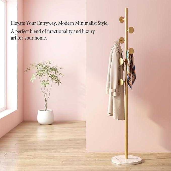 Coat Rack Freestanding Gold Coat Rack For Clothing Hats Bags Ties Purses | Sturdy Metal Clothes Rack with Marble Base & 7 Hooks, Heavy Duty Clothing Hanger Hall Tree Stand for Entryway Bedroom Hallway