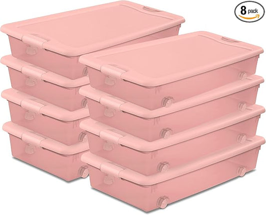 Sterilite 8 Pack Wheeled Under Bed Storage Container, 56 Qt Plastic Bin w/Latching Lid for Organization - Clothes & Shoes Organizer, Pearl Blush Tint