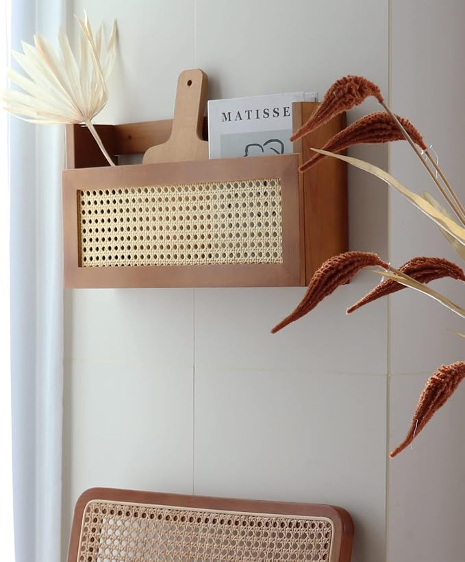 Wall Wood Magazine Rack with PE Rattan Grid,Size 17.3" x 4" x 9.4",File Holder For Entryway, Living Room, Waiting Room, Kids’ room,Office（Brown）