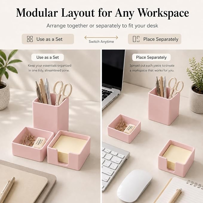 minimaliving Aesthetic Silicone Desk Organizer Set of 3,Modern Office Desk Accessories with Pen Holder,Paperclip Tray,Sticky Note Holder,Stylish Functional Office Desk Decor for Back-to-school(Pink)