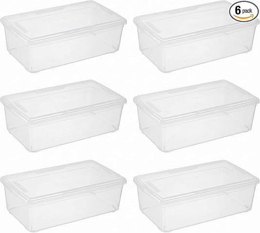 novelinks 6 Pack 6QT Plastic Storage Bins with Lids, Shoe Bins | Shoe Boxes Clear Plastic Stackable, Shoe Containers, Clear Shoe Storage Boxes, Craft Organizers and Storage