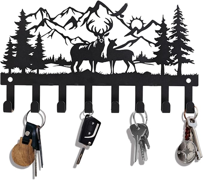 Deer Metal Key Holder for Wall, 14.5" X 8.9", Key Hooks for Wall Organizer, Key Rack, Forest Theme Coat Hat Towel Hooks, Ideal for Living Roo