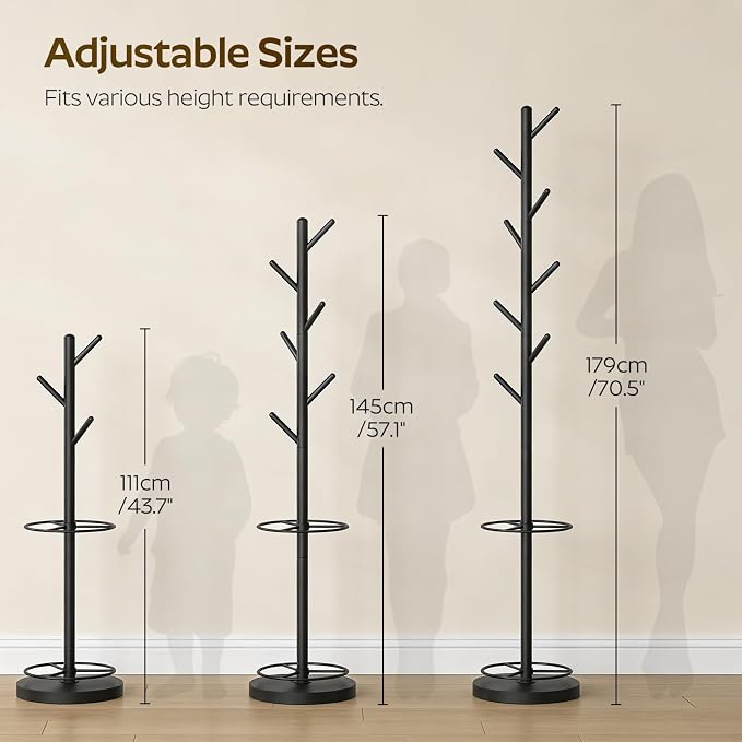 Coat Rack Freestanding with Umbrella Holder, Coat Rack Stand with 8 Hooks, Heavy Duty Coat Tree for Entryway, Modern Clothing Rack, Metal Coat Hanger Stand for Bedroom, Office, Black YM03BB