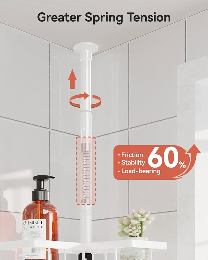 YASONIC Corner Shower Caddy Tension Pole, 25.7-109.1in Adjustable Shower Shelves, Rust-Resistant Shower Organizer, No-Drill 3-Step Installation, Bathroom Shelves for Renters & Family, White